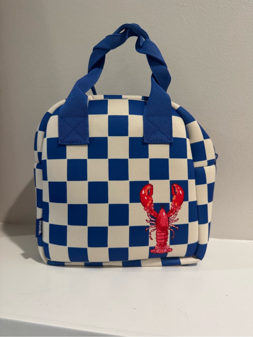 MINE” NEOPRENE BLUE CHECK LOBSTER ZIP LUNCH BAG TOTE
 NEW